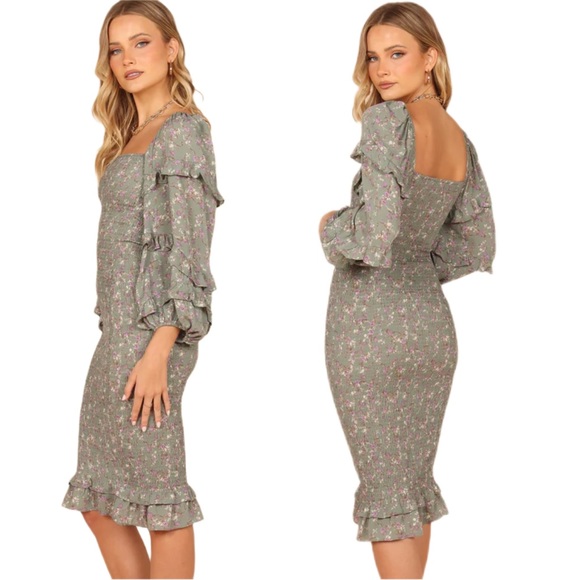 XXSOLDXX & PUP Bonita shirred frill long sleeve bodycon midi dress|sage floral|2 - Picture 3 of 7